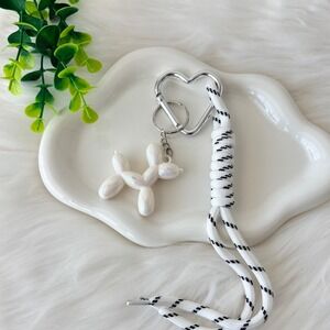 White Iridescent Balloon Dog Keychain/ Bag Charm with Braided Lanyard